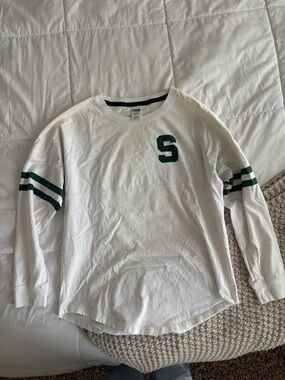 PINK Victoria's Secret White Long-Sleeve Tee with Green 'S' and Stripe Accents
